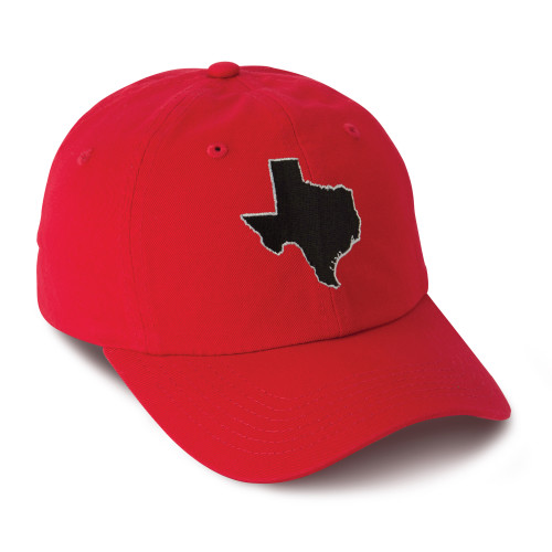 red cotton cap, state of Texas embroidered on front in black threads with white outline, 3/4 view