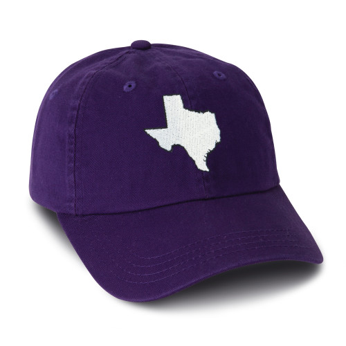 purple cotton cap, state of Texas embroidered on front in white thread, 3/4 view