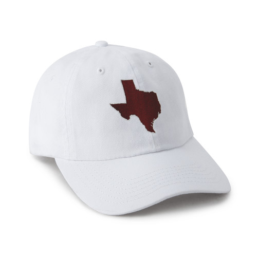 white cotton cap, state of Texas embroidered on front in maroon thread, 3/4 view