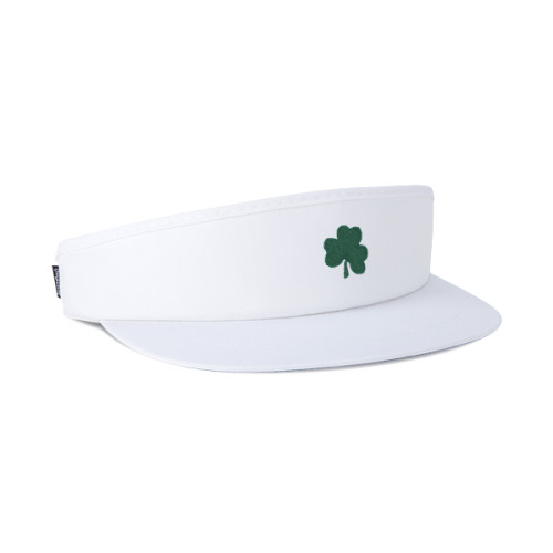White Tour Visor, 3/4 view, green 3 leaf clover embroidered on the front