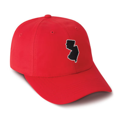 red cap with the state of New Jersey embroidered in black with a white outline