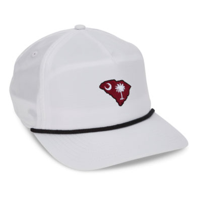 White performance cap with black rope, maroon state of South Caroline with black outline embroidered on front, palmetto and moon inside in white
