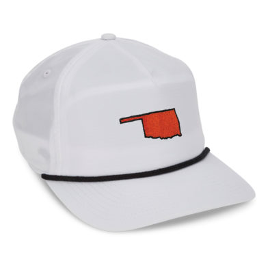 White performance cap with black rope, orange state of Oklahoma with black outline embroidered on front