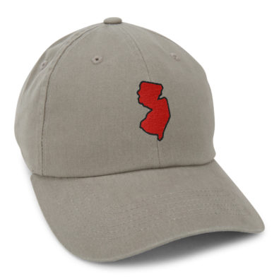khaki cap with the state shape of New Jersey embroidered in red with a black outline