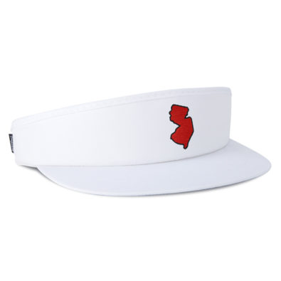 white Tour Visor™ with the state shape of New Jersey embroidered in red with a black outline