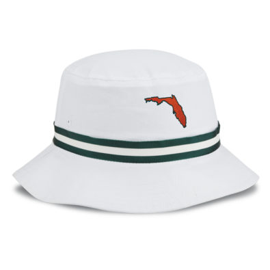 Imperial white floppy bucket hat with green and white ribbon and the state of Florida embroidered in orange with a dark green outline
