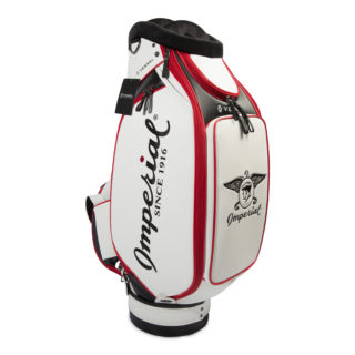 Imperial x Vessel golf Tour Back, white and red, standing up and showing 3/4 view