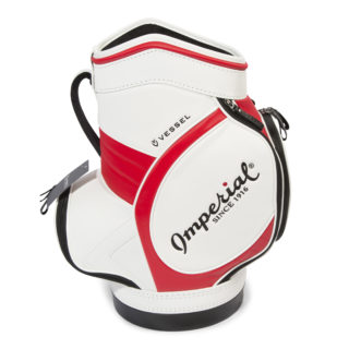 Imperial x Vessel small golf bag, white and red, showing side view
