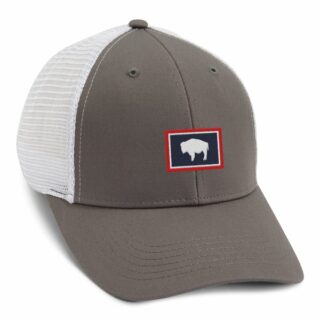 dark grey cap with white mesh and state of Wyoming flag