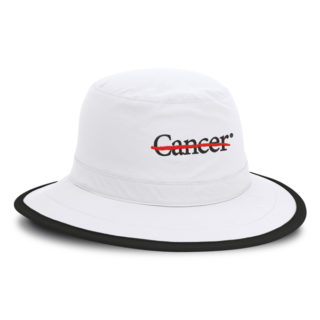 White with black binding sun protection hat, End Cancer logo on front, front view