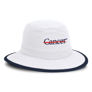 White with navy binding sun protection hat, End Cancer logo on front, front view