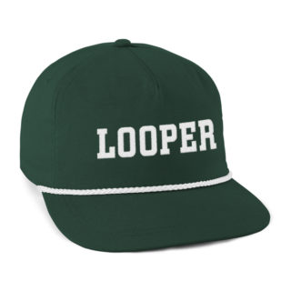 green cotton rope cap, with white rope, LOOPER embroidered on front crown