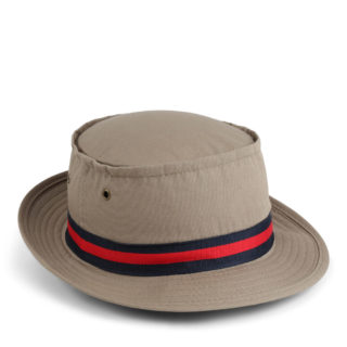 khaki golf bucket with navy and red woven ribbon around crown