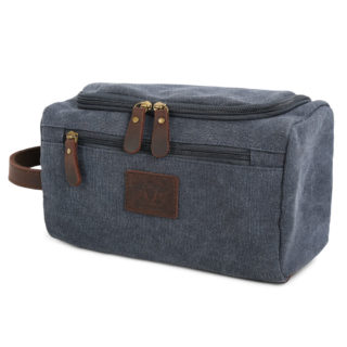 blue canvas dopp kit with leather details