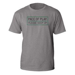 heather grey mens crew with Pace of Play sign graphic on front chest