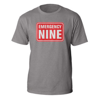 heather grey crew neck t-shirt with Emergency Nine graphic