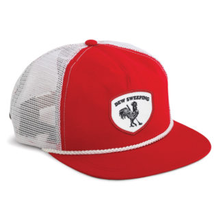 Red cotton 5 panel cap with white mesh and Dew Sweeping embroidered patch on front