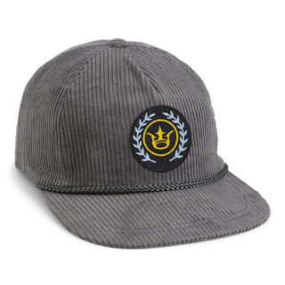 charcoal grey corduroy 5 panel cap with vintage Imperial crown patch on front
