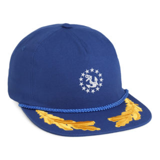 royal blue 5 panel cap with royal rope and gold scrambled eggs embroidery on visor, yacht ensign logo