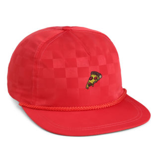 red tonal checkered 5 panel rope cap with pizza embroidery