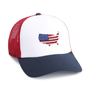 mesh back trucker cap in white, navy and red with silhouette of the US with flag inset