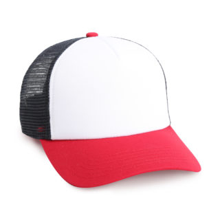 white front, red visor, navy mesh back 5 panel cap