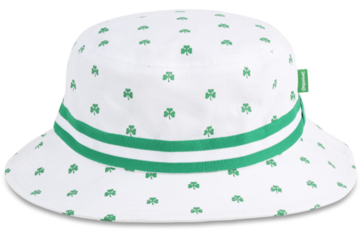 white bucket hat with shamrock pattern and green and white ribbon