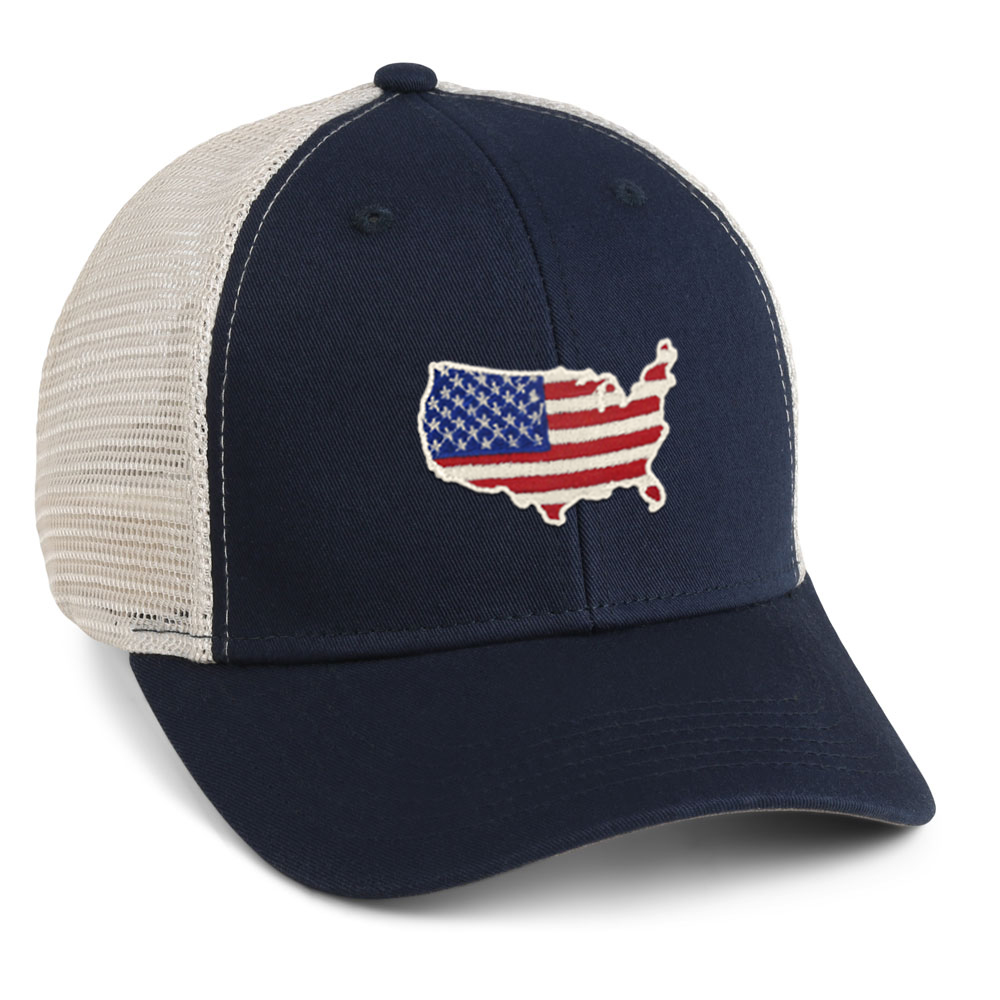 navy cap, stone mesh back, USA silhouette embroidery with flag inset