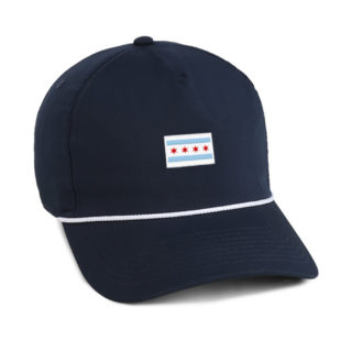 navy performance cap with white rope and Chicago flag embroidery on front