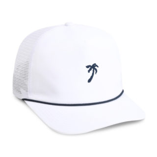 white mesh back 5 panel rope cap with navy palm tree on front