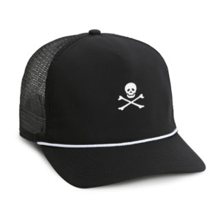black meshback rope cap with white skull and bones embroidery