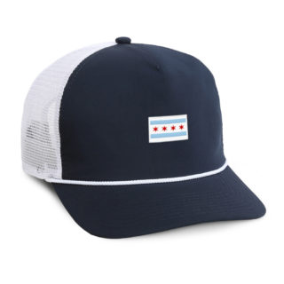navy and white meshback 5 panel rope cap with Chicago flag on front
