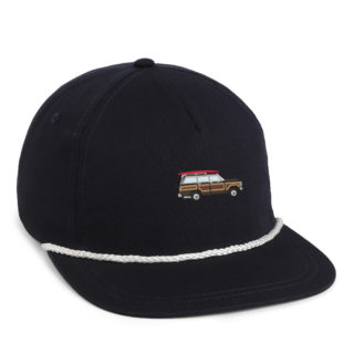 navy flat brim cap, white rope, wagoneer embroidery