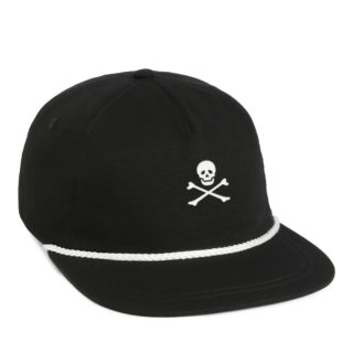 black cotton cap, white rope, jolly roger embroidery