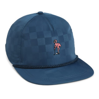 navy tonal square pattern fabric, 5 panel rope cap, flamingo embroidery