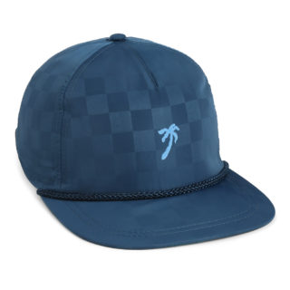 navy tonal square pattern fabric 5 panel rope cap, light blue palm tree embroidery