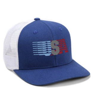 royal blue high crown cap with white mesh side and back panels and large USA embroidery on front