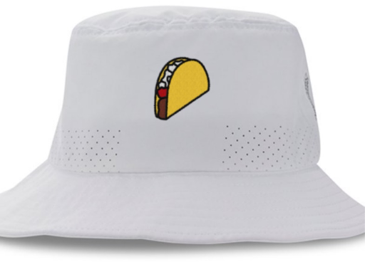 white bucket hat with perforation, taco embroidery