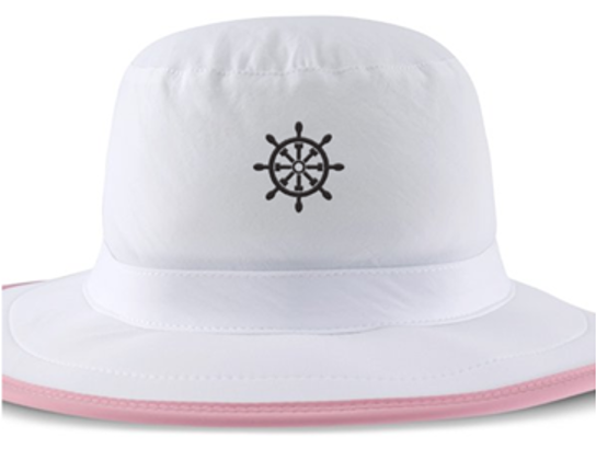 white sun protection hat, pink edging on brim, boat wheel embroidery
