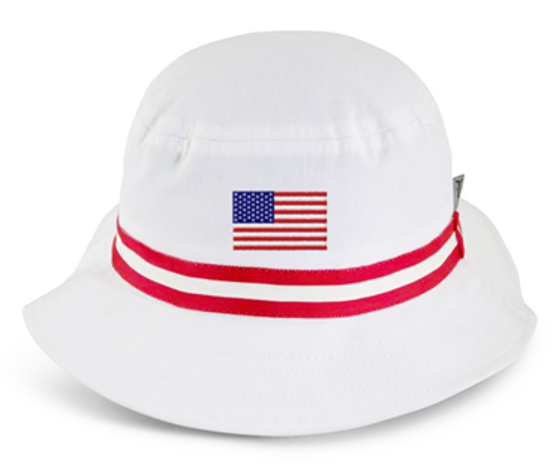 white bucket hat with red and white ribbon and us flag embroidery