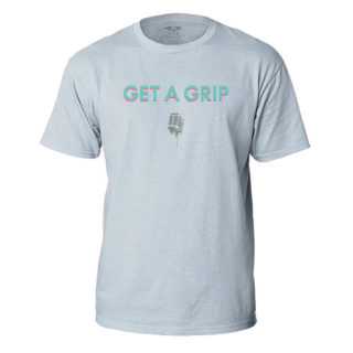 get a grip microphone logo on light blue t-shirt