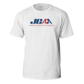 white shirt with navy and red JGAA logo on center chest