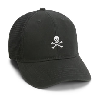 black meshback cap with skull and crossbones embroidery