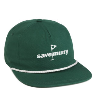 forest green flat bill rope cap with save muny embroidery