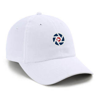 white performance cap with red white and blue golf in your state circle logo