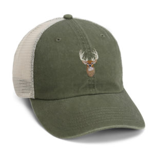 army green vintage wash cap with stone colored mesh and buck embroidery
