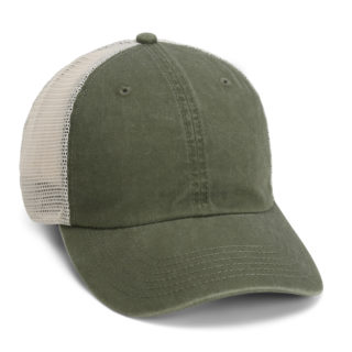 army green cap with soft mesh and plastic snap quarter view