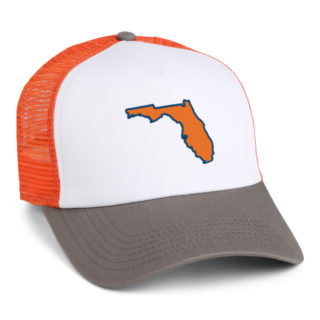 orange white and grey mesh back trucker cap with orange florida state shape embroidery