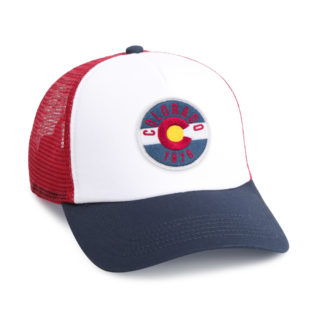 red white and blue mesh back trucker cap with colorado flag circle patch