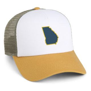 gold white and olive mesh back trucker cap with georgia state shape embroidery